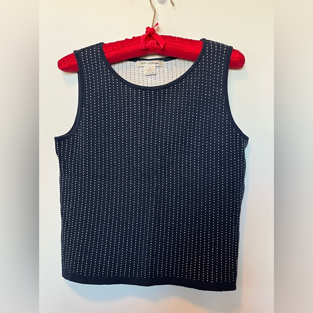 St. John Navy Tank Top with White embroidered stripes. Sz P